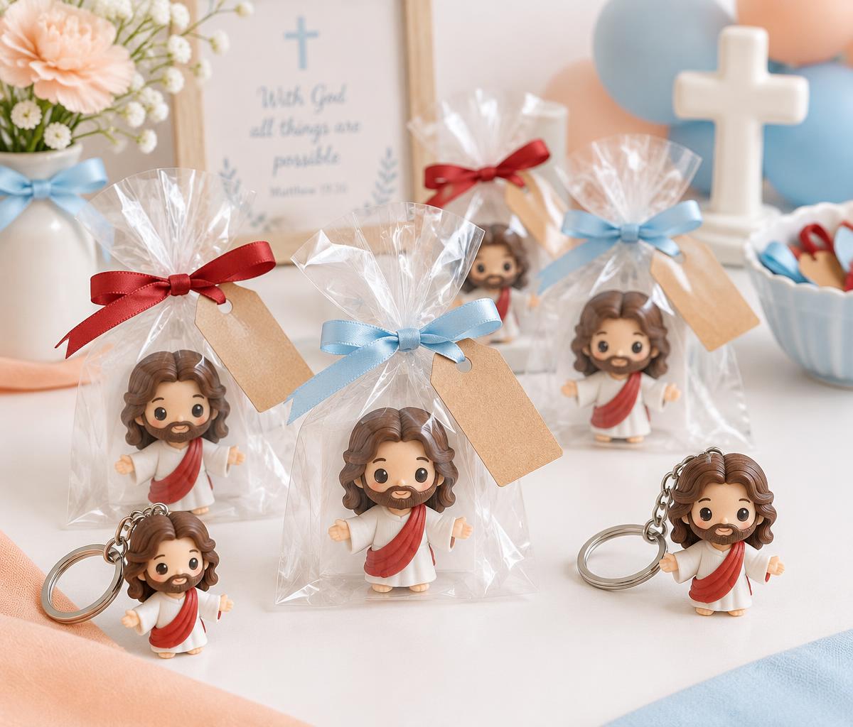 Ilustração de mini Jesus impressos em 3D em saquinhos de lembrancinha e chaveiros