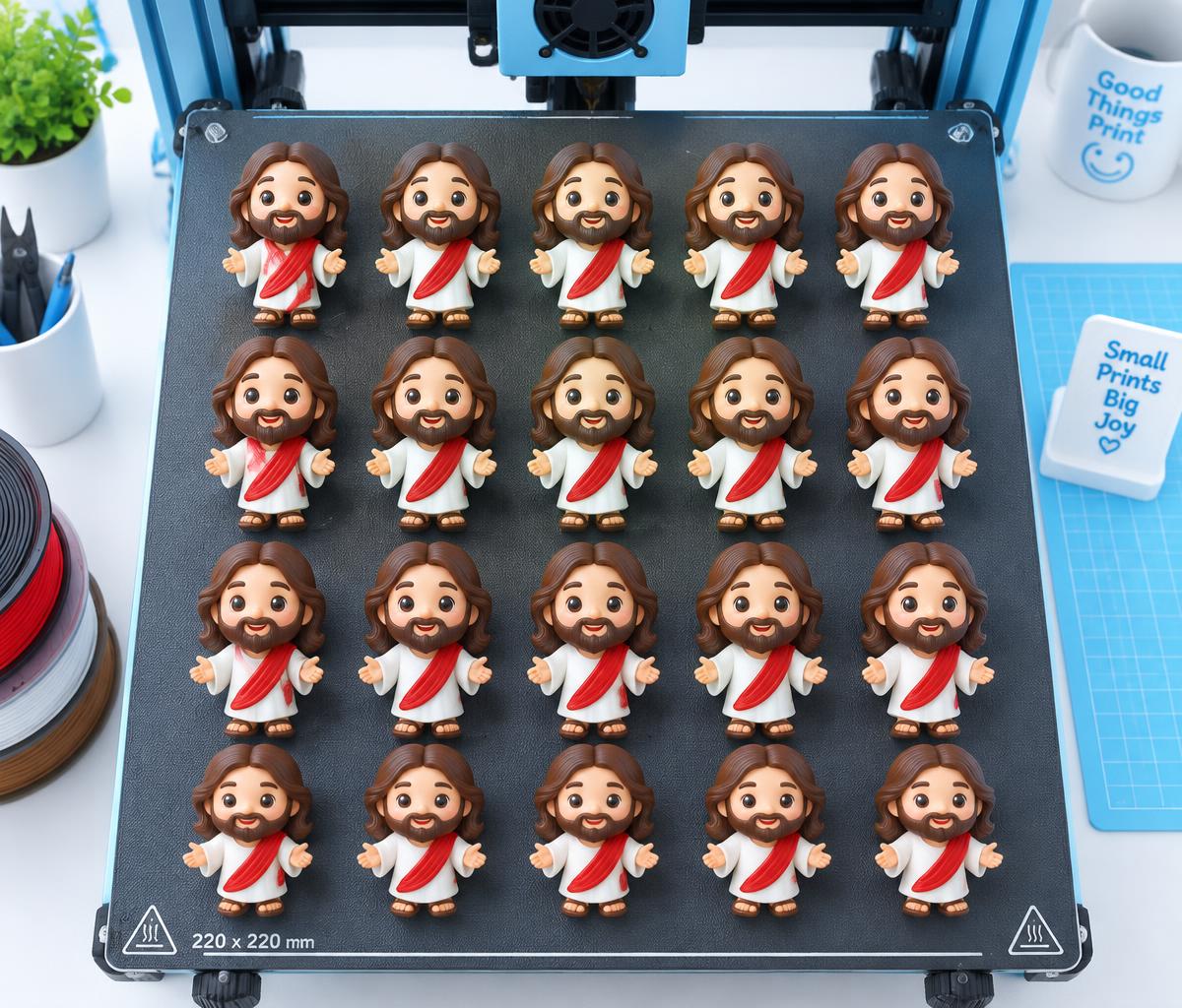 Ilustração de mesa de impressora 3D com 20 mini Jesus impressos de uma vez